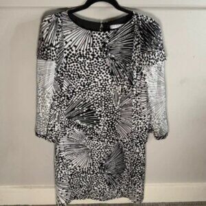 Trina Turk Black and White Polka Dot Stripe Geo Abstract Dress Flowy Sleeves